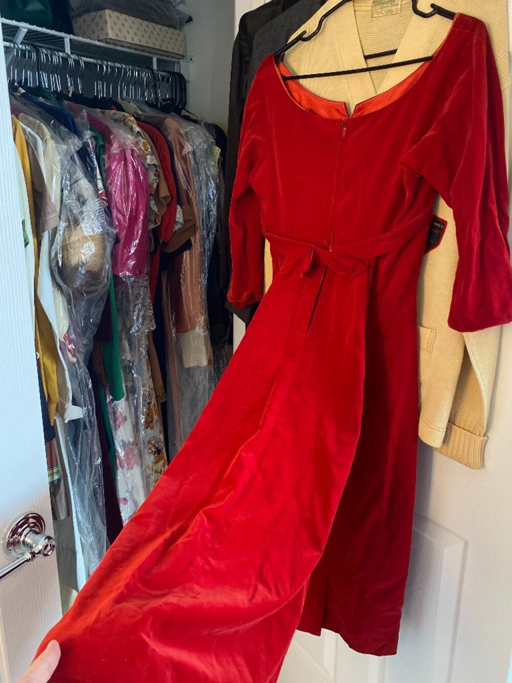 Vintage 1950s Red Velvet Evening Dress with Sash